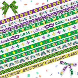 Estivaux 12 Pieces Mardi Gras Ribbons 3/8" Wide Purple Green Grosgrain Ribbon Fleur de Lis Ribbon Stars Mask Gnomes Craft Ribbons for Gift Wrapping Mardi Gras Masquerade Cosplay Party Decor, 12 Yards
