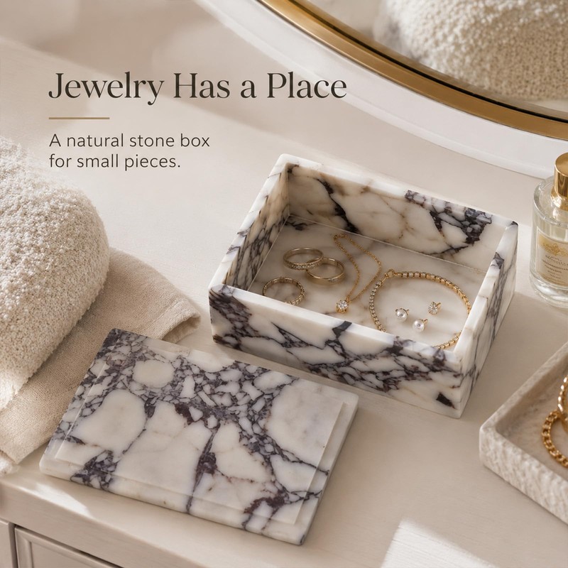 Artisanal Abode Natura Marble Rectangle Jewelry Box with Lid, 7.87