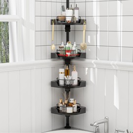 SeekElegant 4 Tier Corner Shower Caddy Tension Pole with Hooks, 360° Rotating Rustproof Bathtub Shower Organizer, 35.8-128 Inch Adjustable Floor to Ceiling Shower Caddy (Black)