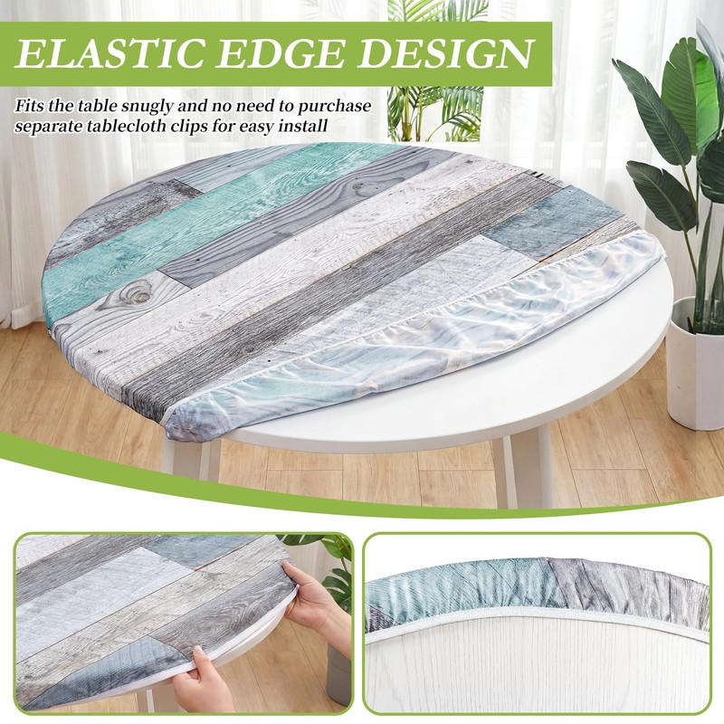 FIVZHH Farmhouse Round Fitted Table Cover with Elastic Waterproof Vinyl