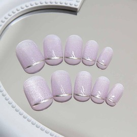 RikView Square Press on Nails French Short Fake Nails with Glitter Design Purple Nails Glossy Full Cover Nails for Women 24 PCS
