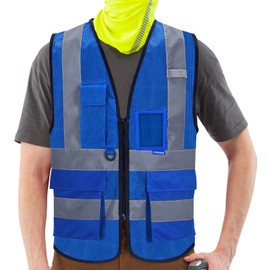 A-SAFETY High Visibility Mesh Safety Reflective Vest with Pockets and Zipper,Hi Viz Work Vest for Men Women (Blue Mesh XXL)