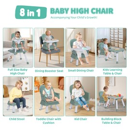 TODEFULL Baby High Chair, 8 in 1 Convertible Highchairs for Babies and Toddlers, Children Dining Booster Seat/Kids Building Block Table for Girls Boys, Baby Seat with Removable Tray, Green