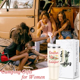 Gtmileo Camping Gifts for Women, Queen Of The Camper Gifts Tumbler, Christmas Birthday Gifts for Women Campers Camping Lover Rv Owners, 40 Oz Insulated Stainless Steel Tumbler with Handle, Off-White