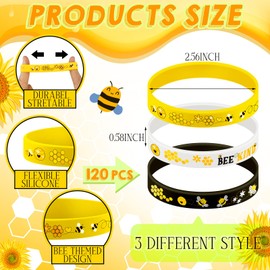Poen 120 Pcs Bee Silicone Bracelets Bulk Assorted Color Honeybee Rubber Wristband for Spring Summer Bee Theme Party Favors (Cute Style)