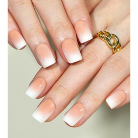 Morily 30pcs Press on Nails Short Square Nude and White Ombre Fake Nails Acrylic Glossy False Nails Reusable Stick on Nails for Women (Nude and White Ombre)