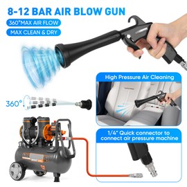 MYPIN New Car Cleaning Gun, 8-12 Bar Air Blow Gun with 2 Sets of Nozzles, Car Interior Cleaning for Car Upholstery Carpet Seat (Black)