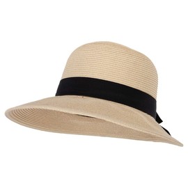 Women's Paper Braid Bow Accented Contrasting Sized Brim Sun Hat - Tan L