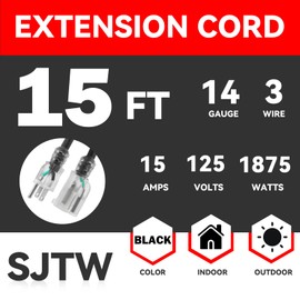 EP 15Ft 14/3 Lighted Outdoor Extension Cord - 14 Gauge 3 Prong SJTW Heavy Duty Black Extension Cable with 3 Prong Grounded Plug for Safety,Great for Garden and Major Appliances,UL Listed