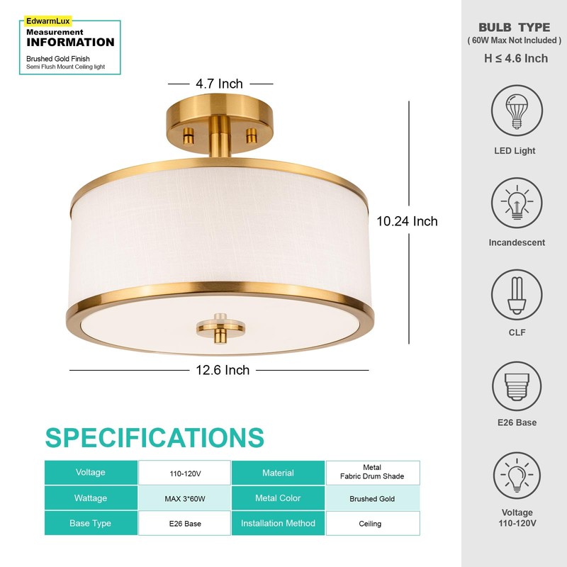 Edwarmlux 3-Light Semi Flush Mount Ceiling Light Fixture, 12.6" Gold