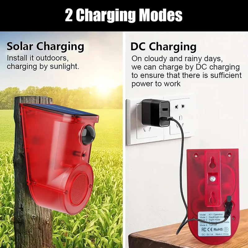 QXMH Solar Outdoor Motion Sensor Alarm: 110db Siren Sound,6 LEDs