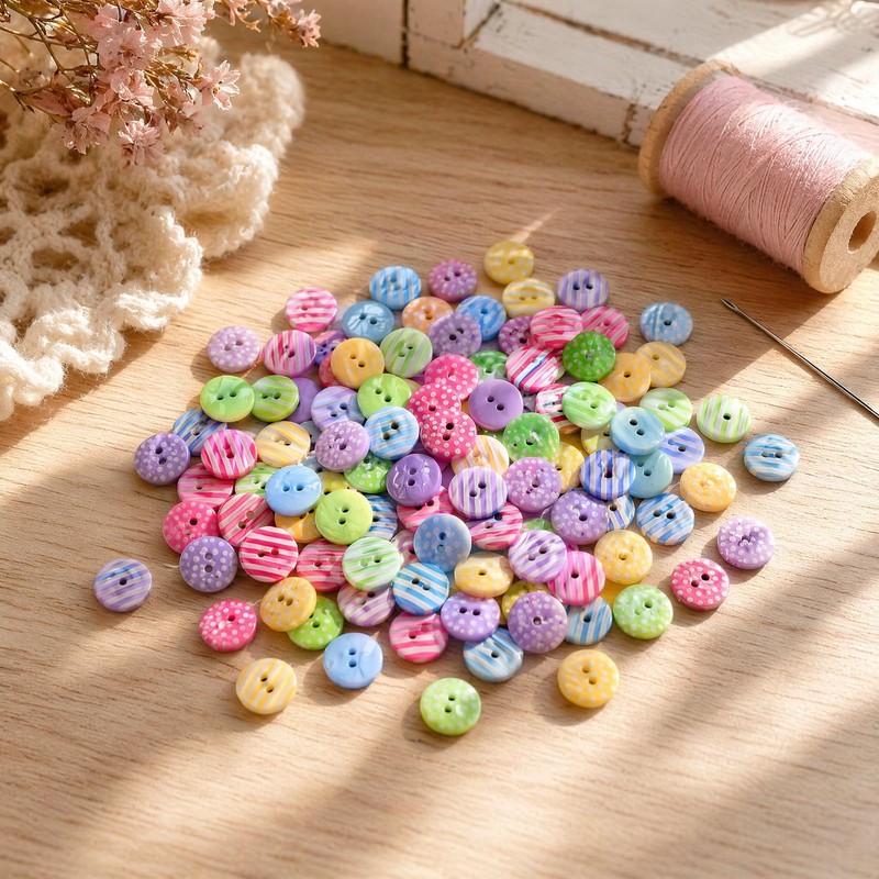 100 Pcs 15mm Mixed Color Round and Stripe Resin Buttons