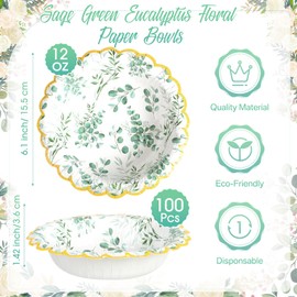 RimCereal 100 Pcs Sage Green Disposable Bowls Bulk 12 oz Eucalyptus Paper Bowl Greenery Snack Bowl Tea Party Supplies Decorations for Baby Shower Wedding Bridal Birthday Hot Cold Food
