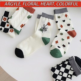 CHUNFO Womens Socks Ankle Heart Floral Argyl Plaid Cotton Boot Ribbed Sock Crew Size6-11.5