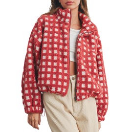 Esmeling Women’s Long Sleeve Cropped Sherpa Fleece Plaid Jacket Casual Chunky Teddy Fleece Outerwear (1024-Red-XL)