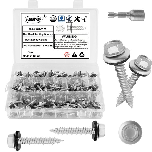 FandWay 120Pcs Sheet to Timber Roofing Screws,M4.8x25mm Self Tapping/Drilling Screws,Hex