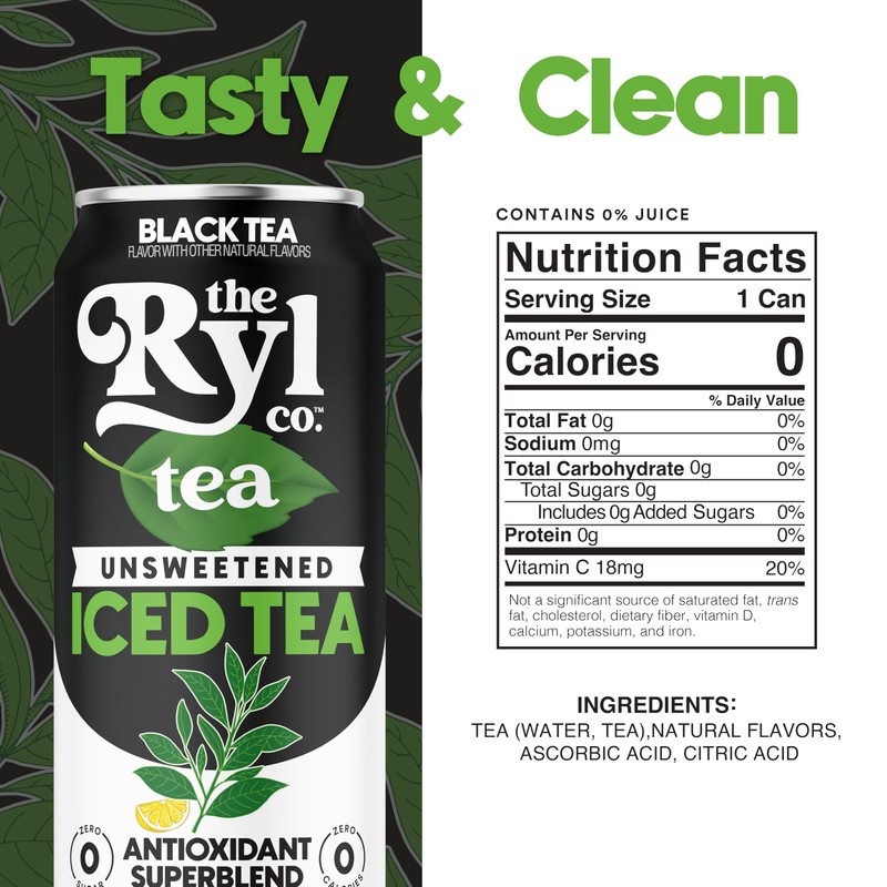 Ryl Iced Tea, Unsweetened Black Tea, Antioxidant Superblend, Zero Sugar,