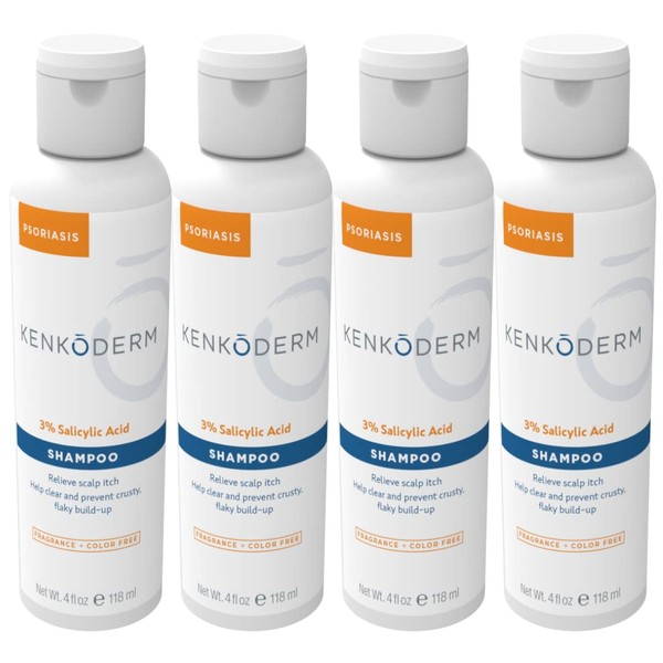 Kenkoderm Psoriasis Therapeutic Shampoo with 3% Salicylic Acid - 4 oz | 4 Bottles | Dermatologist Developed | Fragrance + Color Free