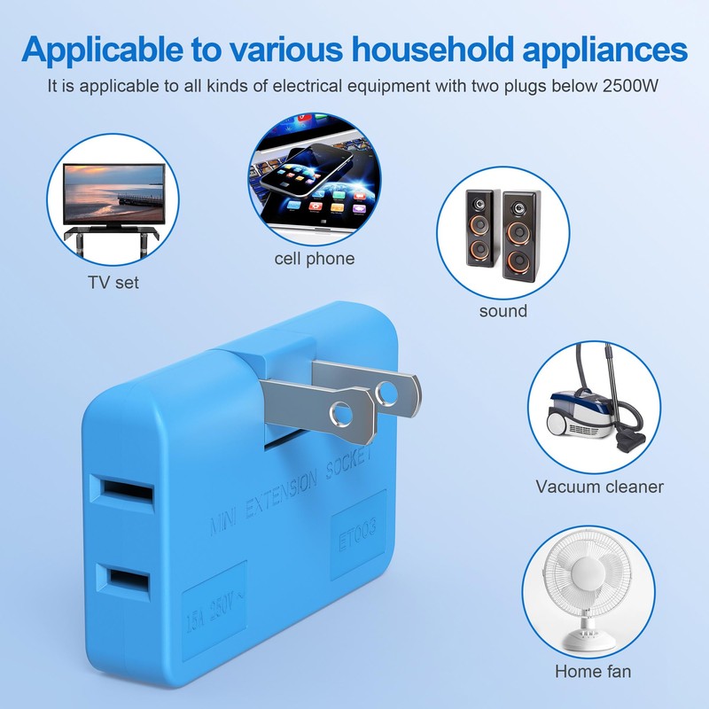 ETwinCoo Flat Wall Plug Adapter AC Outlet Extender, 2-Prong Swivel