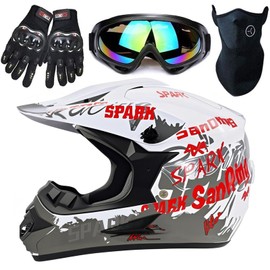 Motocross Helmet,Youth & Kids ATV Dirt Bike Motorcycle, BMX 4-Wheeler Off-Road Mountain Bike Helmet,DOT Certified,W/Gloves Goggles Mask 4-Piece Set (White, Medium)