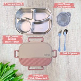 Stainless Steel Lunch Box with Soup Pot 4 Compartments – BPA-Free, Leak-Proof Food Storage Container – Portable Meal Prep Box for Kids & Adults (Pink, 1500 ML)