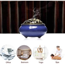 Incense Burner Bowl with Brass lid+ Incense Holder+ Bracket+ Fire Mat for Home Decor Yoga Spa Meditation 4'' (Royal Blue)