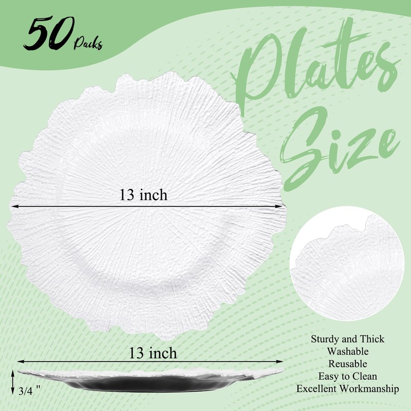 50 Pcs White Charger Plates Bulk 13 Inch Plastic Plate