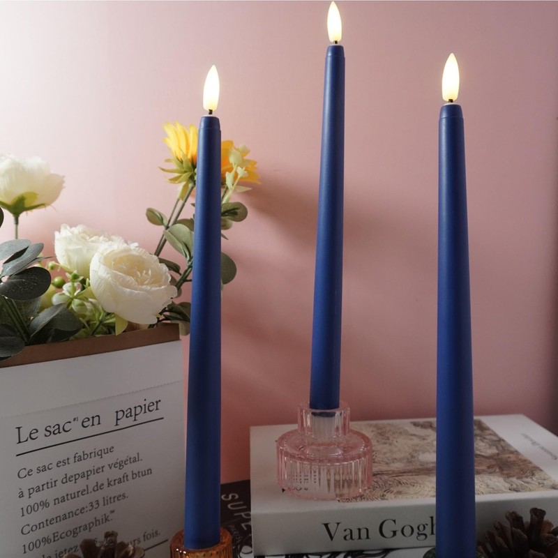 Ni-JASW Navy Blue Flameless Taper Candles with Remote Timer, Flickering