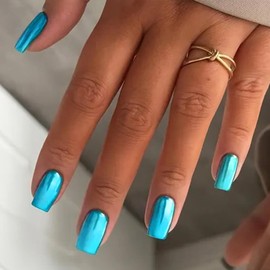 IMSOHOT Press on Nails Short Square Fake Nails Laser Blue Glossy Glue on Nails Full Cover Chrome Metal Acrylic False Nails Stick on Nails for Women Girls 24Pcs Squoval DIY Nail Art