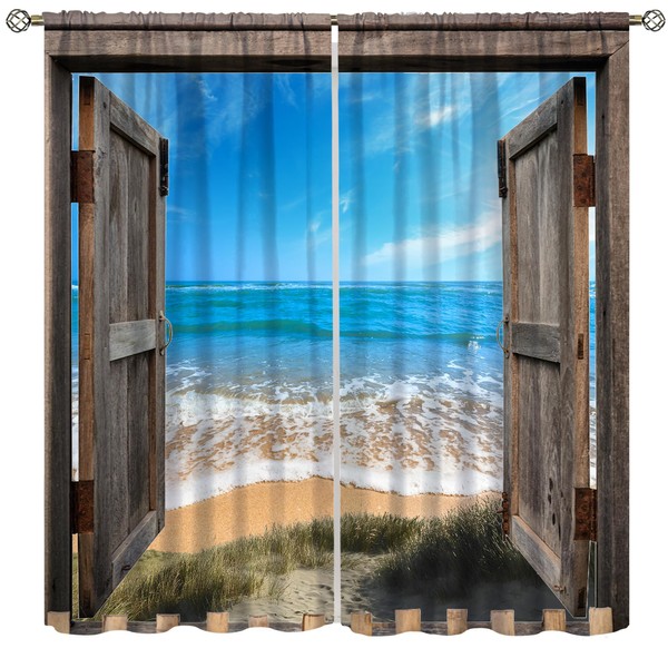 VUMIVI Beach Seaside Curtains Vintage Surviving Barn Door Sea Waves