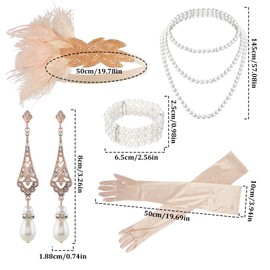 MOSNOW 7pcs 1920s Flapper Great Gatsby Accessories Set,Flapper Great Gatsby Facny Dress Accessories with Feather Headband,Pearl Necklace,Long Gloves,Bracelet,Earrings,for 20s Theme party