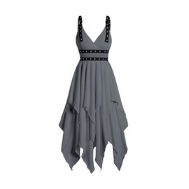 DRESSFO Women's Casual Sleeveless V Neck Tiered A Line Flowy Wrap Gothic Dress (Gray/2X)