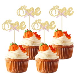 24 piezas de decoración de calabaza, una magdalena, cinta rosa, purpurina para otoño, calabaza, primer cumpleaños, baby shower, primer cumpleaños, Acción de Gracias, decoración de pasteles