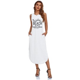 Women's Casual Beach Summer Dresses Sleeveless Graphic Long Sundress Cover Up Dresses with Pocket White X-Large