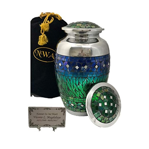 NWA Customized Large Blue Mosaic Cremation Urn with Bag for Human Ashes