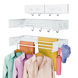 SZJoyBet Drying Rack Clothing,Clothes Drying Rack Wall Mounted,Laundry Drying Rack Wall Mount,Foldable,Collapsible,60 lb Capacity 5 Aluminium Poles with 6 Hooks (White, 23.6'')