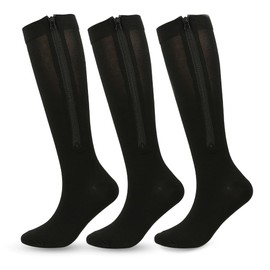 Tiptupu 3 Pairs Zipper Compression Socks(15-20mmHg) - Calf Knee High Close Toe Stockings for Running,Cycling, Nurses Recovery - Breathable Elastic Design for Men & Women (Black/Black/Black, L-XL)