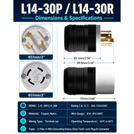 Yomiuwo 1 Pack NEMA L14‑30P Locking Plug 30 Amp Male 30A 250V Twist Lock L14‑30 Plug, Industrial Grade 3‑Pole 4‑Wire, Nylon & Brass, Secure L1430P Plug for Generator, RV, Welding, Transfer Switch