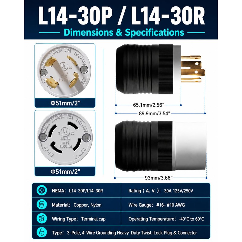 Yomiuwo 1 Pack NEMA L14‑30P Locking Plug 30 Amp Male 30A