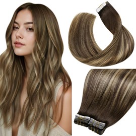 LaaVoo Tape in Hair Extensions Human Hair 100g Tape Hair Extensions Real Human Hair Balayage Dark Brown Mix Blonde Invisible Tapes Remy Straight Hair Double Sided Tabs 40pcs 18 Inch #4/27/4