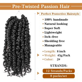 Short Passion Twist Hair Pretwisted Passion Twist Crochet Hair Deep Wave Braiding Braids Crochet Hair Passion Twist Synthetic Crochet Twist Hair Extension (8 Inches, 2#)