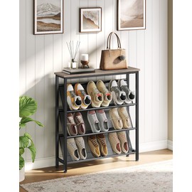 CHOEZON Shoe Rack, 4-Tier Slanted Shoe Storage Shelf, Narrow Shoe Rack for Entryway, Shoe Organizer with Adjustable Feet, Slim Shoe Shelf with Wooden Top and Metal Frame, Greige and Black TXJ75BG
