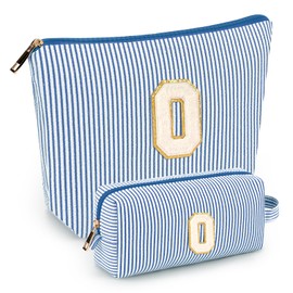 2 PCS Initial Makeup Bags for Women: Cosmetic Bag for Travel Toiletry - Birthday Gifts for 11 12 13 14 15 16 17 18 Years Old Girl Graduation Teacher Gift- Teen Girl Gifts Trendy Stuff - Blue O