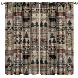 Retro Rustic Deer Window Curtains, Bear Wildlife Pine Tree Farmhouse Cabin Lodge Cottage Hunting Contry Style Windows Treatment Drapes for Bedroom Living Room Decoration 42x63in