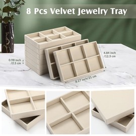 Highergo 8 Pcs Velvet Jewelry Trays Stackable Drawers Organizer Ring Earring Bracelet Necklace Storage Trays, 8.3x4.7x1''(6 Grids)