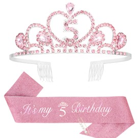 CIEHER 5th Birthday Crown + It's My 5th Birthday Sash + Pearl Pin Set, 5th Birthday Decorations Girl 5th Birthday Gifts for Girls Happy 5th Birthday Party - Pink