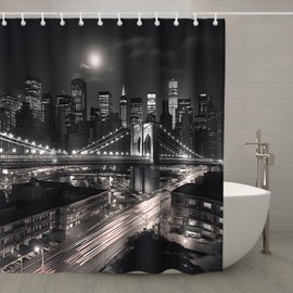 TheBlackSpot Black and White Mens Shower Curtain for Men 3D Designer New York City Night Scene Urban Life Brooklyn Manhattan Bath Curtains Decor Grommet with Hooks 72" W × 78" H