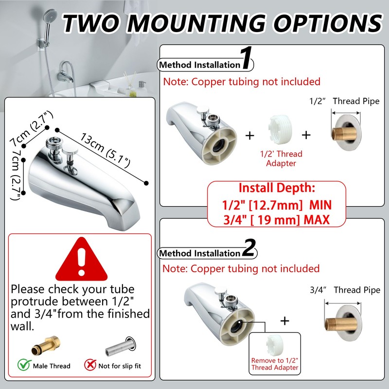 LUOGULIANG Chrome Tub Spout with Diverter, 5 Settings Hand Held