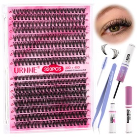 URNNE DIY Eyelash Extension Kit, 30D 40D Lash Clusters Kit, 320pcs Individual Eyelash Clusters with Bond and Seal Lash Glue, Lash Remover, Tweezers for Beginners At Home 9-16mm MIX