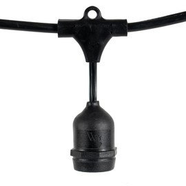 50-ft 25 Suspended Sockets E26 Commercial Patio Light Stringer, Heavy Duty Weatherproof SJTW Black Wire, 24" Spacing, 16 AWG, Cord Only